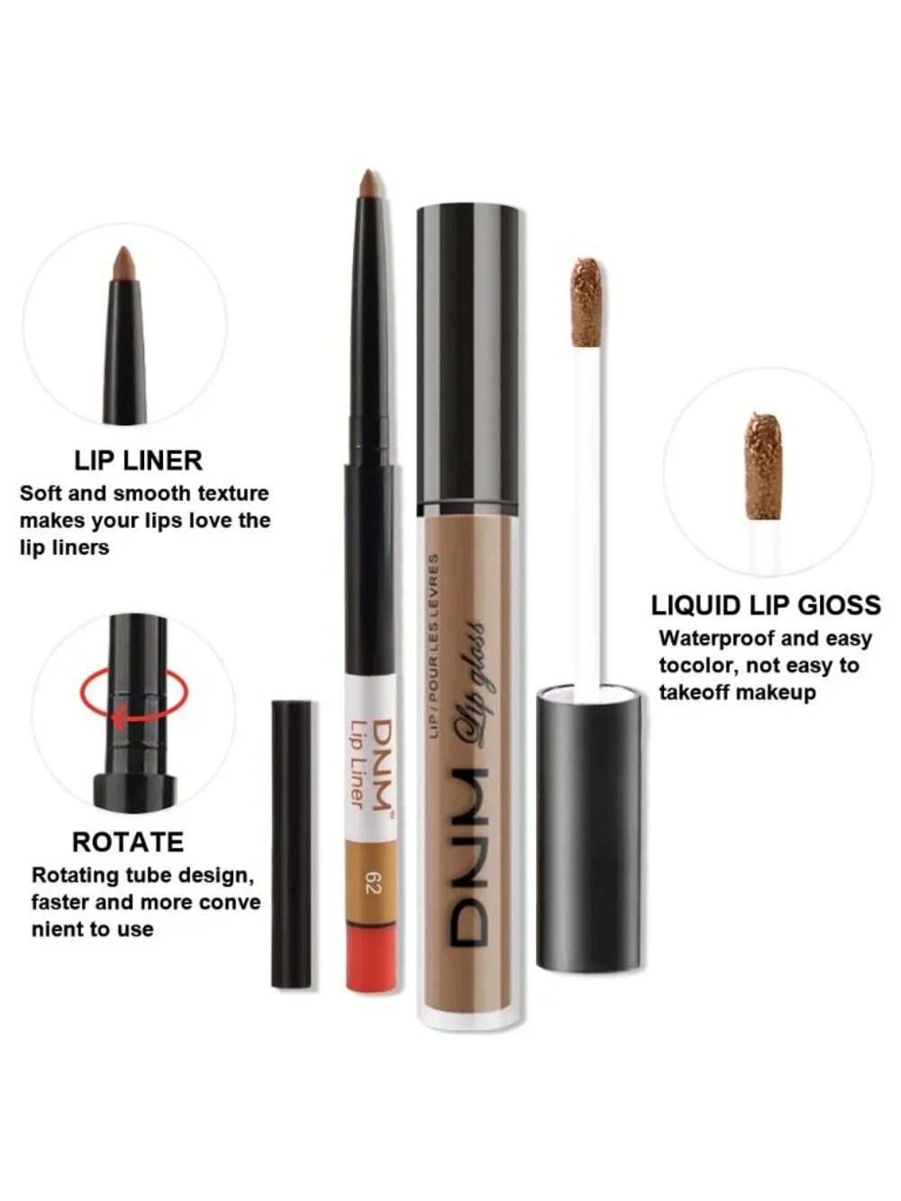 DNM 62# Nude 2Pcs 24H Long-Lasting Matte Liquid Lipstick and Lip Liner Set